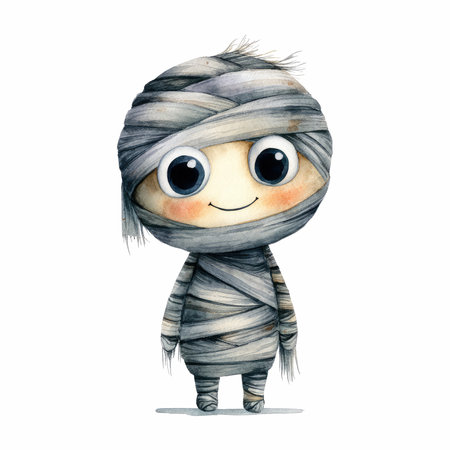 This charming mummy character features oversized eyes and a friendly smile, perfect for adding a whimsical touch to Halloween events and celebrations.の写真素材