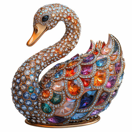 Illustration of a swan made of precious stones on a white backgroundの写真素材