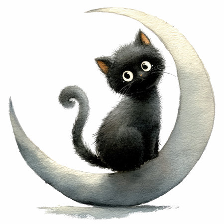 This enchanting illustration features a whimsical black cat with a curled tail perched atop a crescent moon, surrounded by a starry night.の写真素材