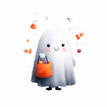 This adorable tiny ghost illustration captures the spirit of Halloween with a cheerful character holding a candy bag in a whimsical watercolor style.の写真素材