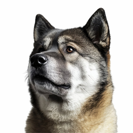 Close-up portrait of a Japanese Akita dog, isolated on whiteの写真素材