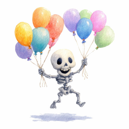 A cheerful skeleton dances joyfully, holding vibrant balloons in a lively scene. Perfect for celebrations and festive themes, this whimsical art captures joy and fun.の写真素材