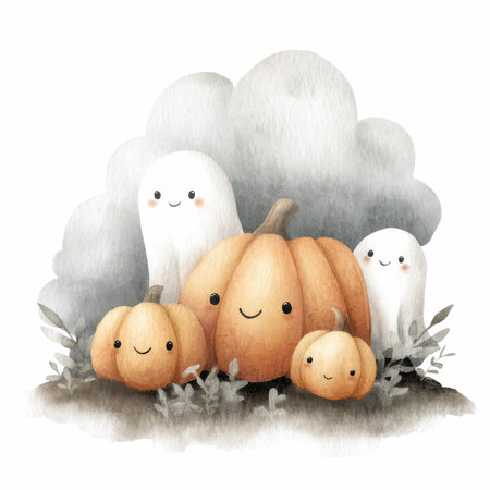 This delightful autumn scene features charming, smiling pumpkins and friendly ghosts nestled in a whimsical pumpkin patch, perfect for celebrations.の写真素材
