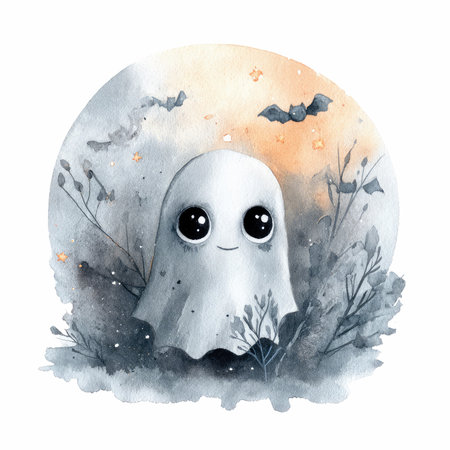 An enchanting illustration of a cheerful ghost with big expressive eyes floating in a whimsical spooky landscape, surrounded by bats and twinkling stars.の写真素材
