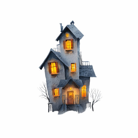 Discover a cozy and whimsical watercolor illustration of a haunted house, featuring warm glowing lights that create a magical atmosphere.の写真素材