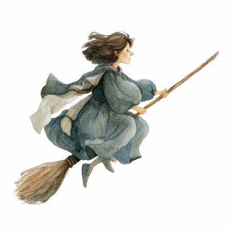 Discover a whimsical illustration of a young witch soaring on her broomstick, draped in a flowing gown, embodying magic and adventure.の写真素材