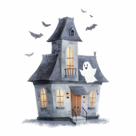This whimsical illustration depicts an enchanting haunted house with cheerful windows and a playful ghost, perfect for holiday-themed designs.の写真素材