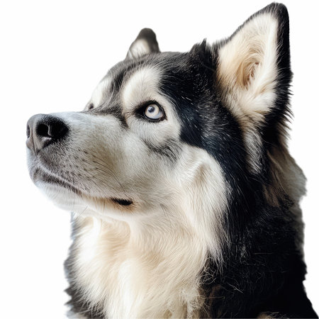 Close-up portrait of Siberian Husky in front of white background