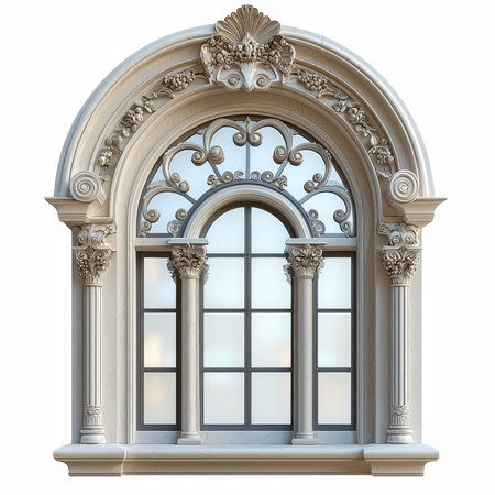 Old window with decorative elements. Isolated on a white background.の写真素材