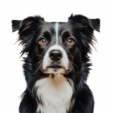 Close-up of Border Collie looking at camera, isolated on whiteの写真素材