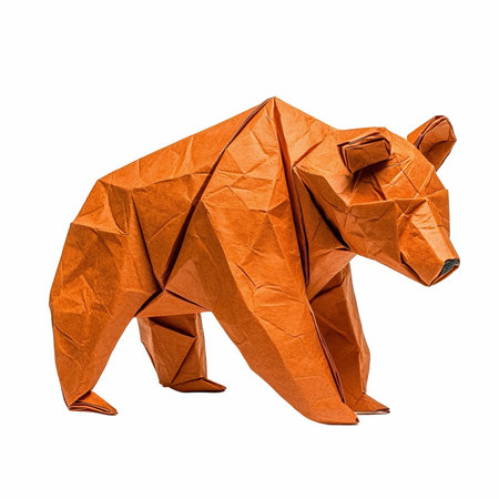 Paper origami brown bear isolated on white background with clipping path.の写真素材