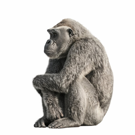 Chimpanzee sitting, isolated on white background.の写真素材