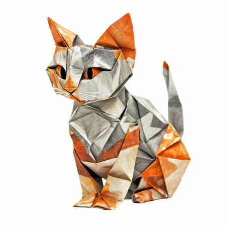 Paper origami cat isolated on white background. Clipping path included.の写真素材