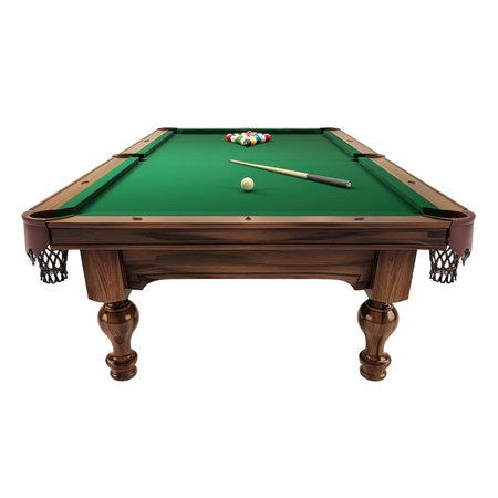 Pool table with green cloth and billiard balls isolated on white background
