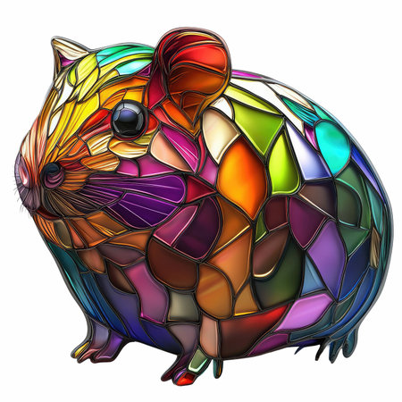 Illustration in stained glass style of a hamster on a white backgroundの写真素材