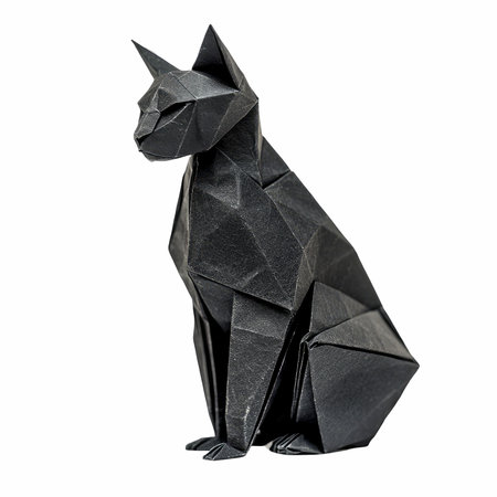 Black origami cat isolated on white background. Clipping path included.の写真素材