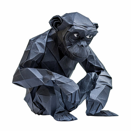 Black origami monkey isolated on white background, low poly style.の写真素材