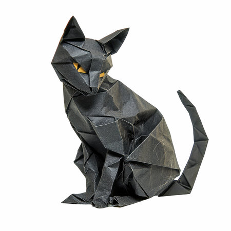 Black origami cat isolated on white background. Clipping path included.の写真素材