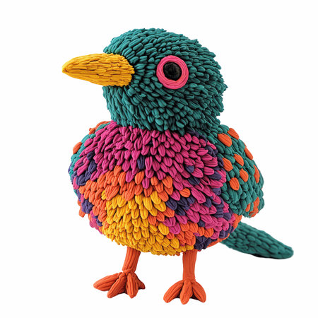 colorful bird made of yarn isolated on white background 3d illustrationの写真素材