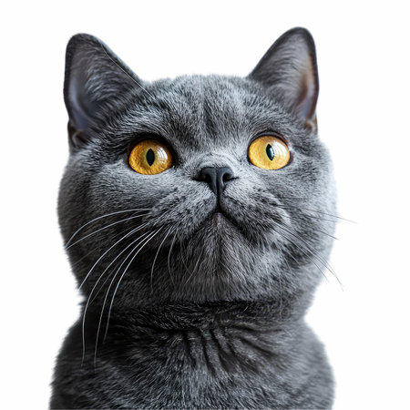 Portrait of a british cat with yellow eyes on white backgroundの写真素材