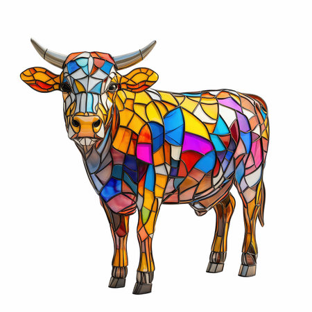 colorful illustration of a bull in the style of stained glass on a white backgroundの写真素材