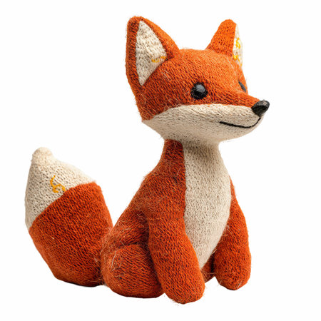 Handmade woolen toy fox isolated on white background with clipping pathの写真素材