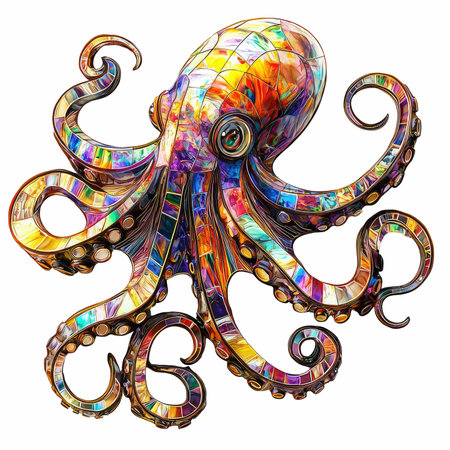 Octopus with multicolor stained glass on a white background.の写真素材