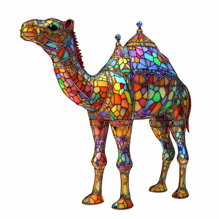 Illustration in stained glass style with a camel on a white backgroundの写真素材