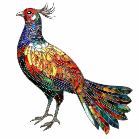 Illustration in stained glass style with a pheasant on a white backgroundの写真素材