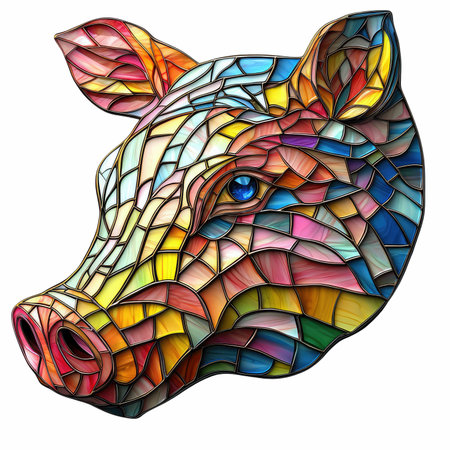 Illustration in the style of stained glass with a head of a pig on a white backgroundの写真素材