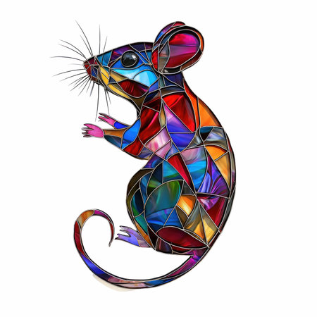 Illustration in the style of stained glass with a rat, isolated on a white backgroundの写真素材