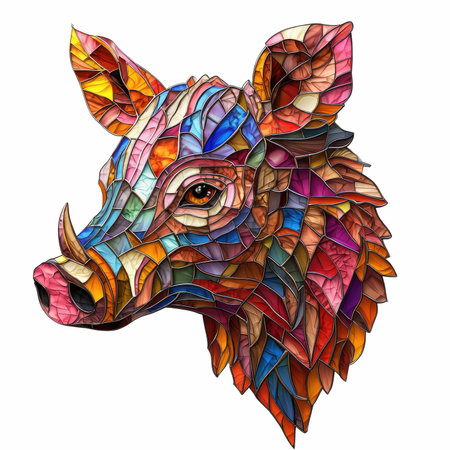 Stained glass pig head isolated on white background. Hand-drawn illustration.の写真素材