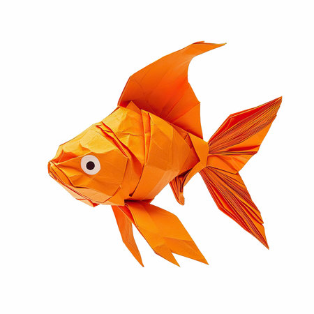 Orange paper fish isolated on white background, clipping path included, clipping path includedの写真素材