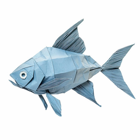 Blue paper fish isolated on white background with clipping path. 3d illustrationの写真素材