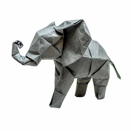 Paper origami elephant isolated on white background, clipping path included.の写真素材