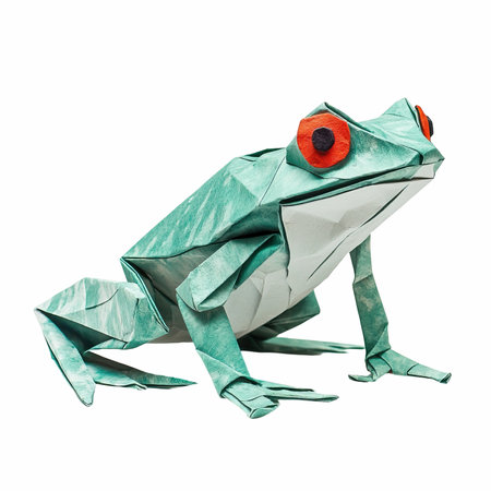 Frog origami isolated on white background. Clipping path included.の写真素材
