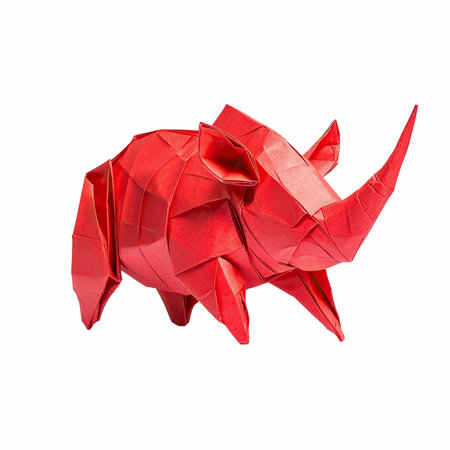 Paper origami rhinoceros isolated on white background, clipping path includedの写真素材