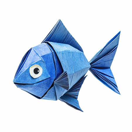 Blue paper fish isolated on white background with clipping path. 3d illustrationの写真素材