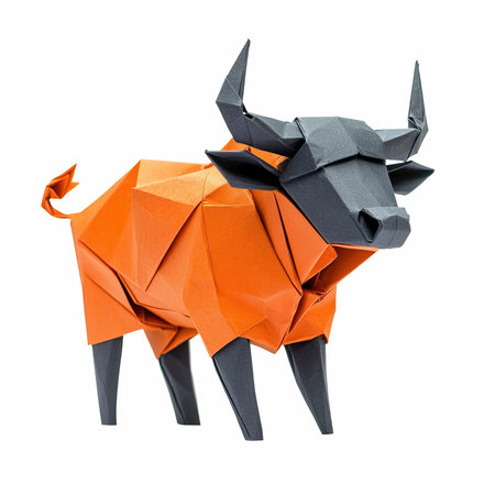 Paper origami bull isolated on white background. Animal origami.の写真素材