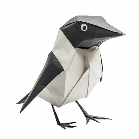 Crow origami from paper isolated on white background, clipping path includedの写真素材