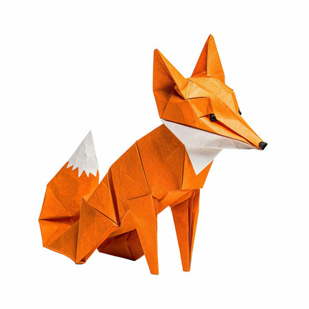 Origami paper fox isolated on white background, clipping path included.の写真素材