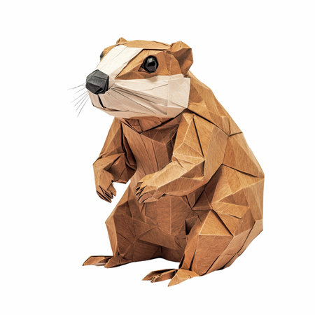 3D rendering of a brown origami beaver isolated on white backgroundの写真素材