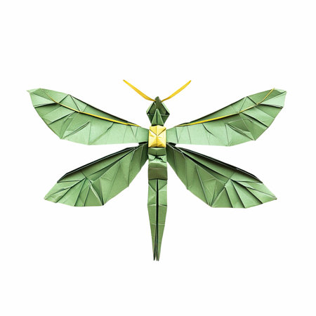 Green origami dragonfly isolated on white background with clipping path.の写真素材