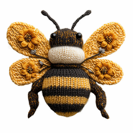 Handmade knitted bee isolated on white background. Clipping path included.の写真素材