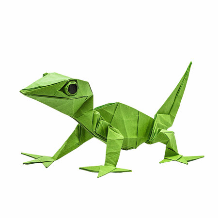 Origami green gecko isolated on white background. 3d illustration.の写真素材