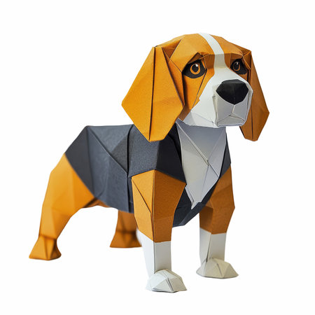 Paper origami beagle dog isolated on white background. 3d rendering.の写真素材