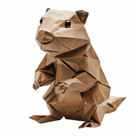 Brown origami bear with crumpled paper isolated on white backgroundの写真素材