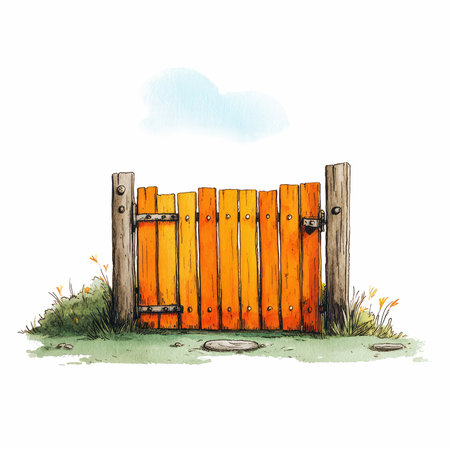 This charming illustration features a wooden fence with a brightly colored gate opening, surrounded by lush grass and blooming flowers, creating a serene outdoor scene.の写真素材