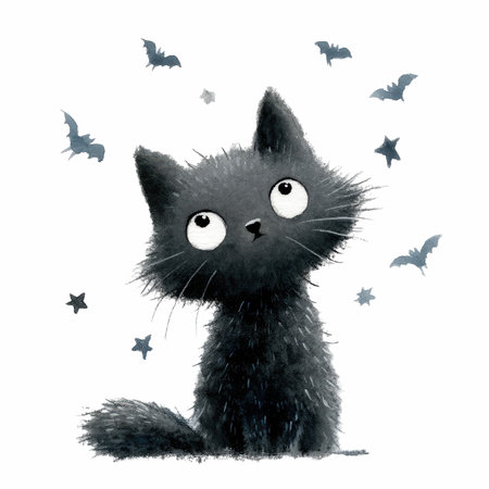 This whimsical watercolor illustration features a playful black cat surrounded by bats and stars, capturing a sense of joy and magic.の写真素材