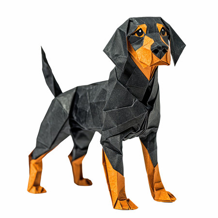Origami dog made of paper isolated on white backgroundの写真素材